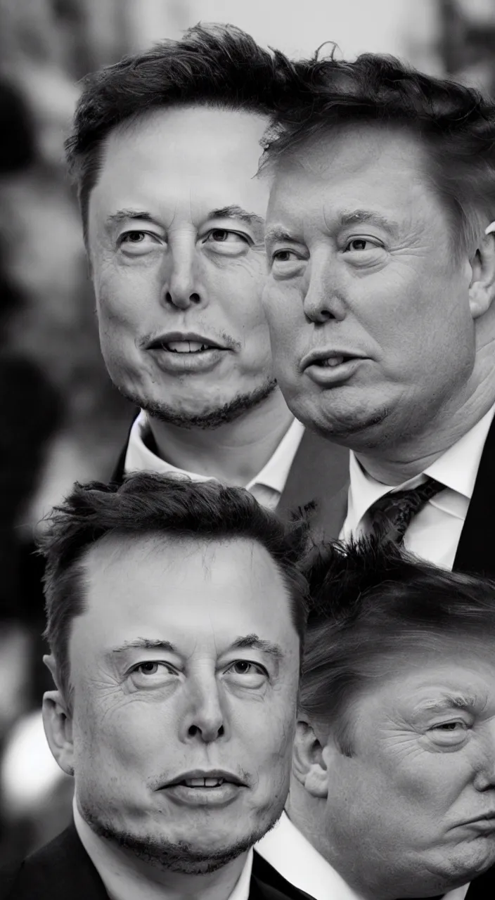 Image similar to elon musk with donald trump hair, black and white photo potrait