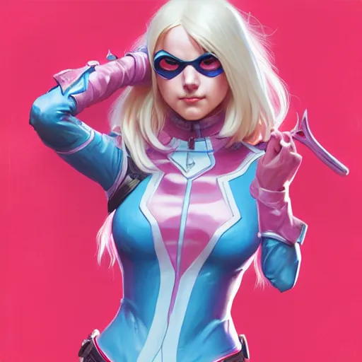 Image similar to Blonde Victoria Justice with light blue eyes as Gwenpool, western, D&D, fantasy, intricate, elegant, highly detailed, digital painting, artstation, concept art, matte, sharp focus, illustration, art by Artgerm and Greg Rutkowski and Alphonse Mucha