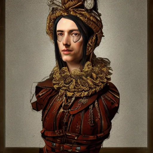Prompt: portrait headshot digital painting of a old 17th century old cyborg merchant amber jewels baroque ornate clothing scifi hyper realistic _hyperde_-n_9