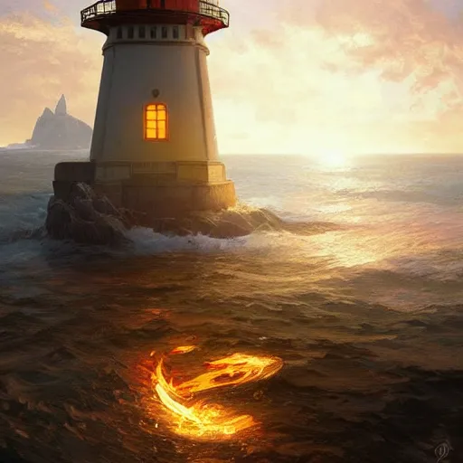 Image similar to ultra realistic illustration, a lighthouse on fire, highly detailed, digital painting, artstation, concept art, smooth, sharp focus, illustration, art by artgerm and greg rutkowski and alphonse mucha