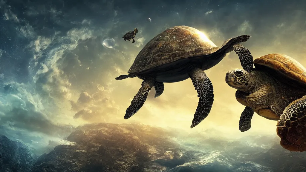 Image similar to the world turtle carrying earth on his back as it floats through space, shell made up of earth, fantasy artwork, very very very beautiful scenery, hd, hdr, ue5, ue6, unreal engine 5, cinematic 4k wallpaper, 8k, ultra detailed, high resolution, artstation, award winning