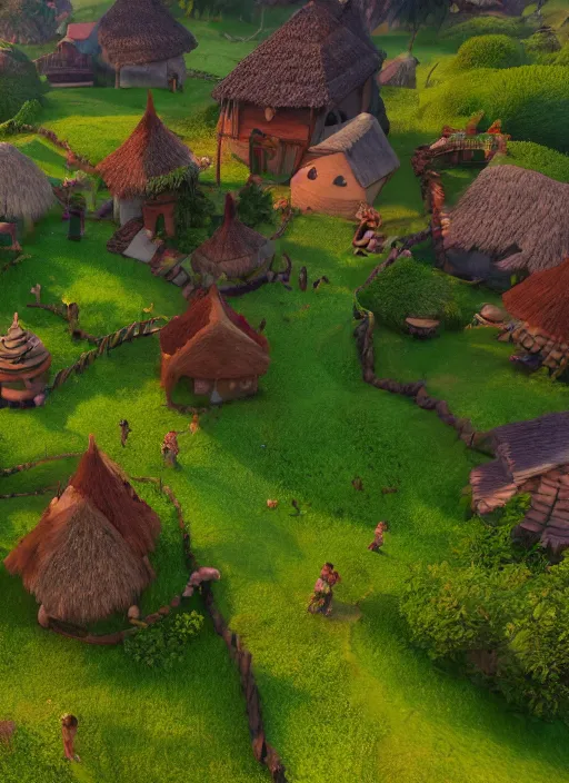 Image similar to subsurface scattering, medieval village in the middle of lush forest, in the style of moana, cinematic lighting, 8 k