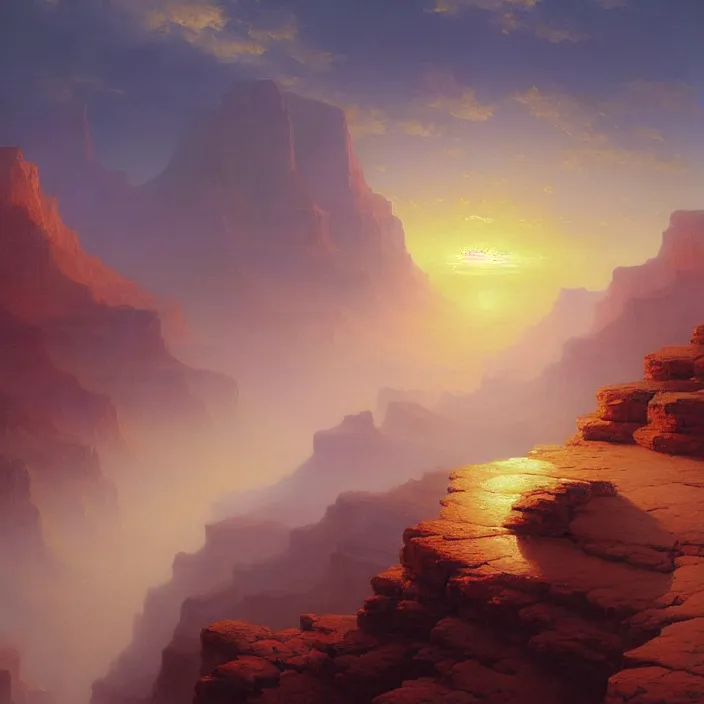 Image similar to a beautiful painting of a grand canyon, sunset by ivan aivazovsky and rhads and greg rutkowski and james gurney, in style of digital art. hyper detailed, sharp focus, soft light. octane render. ray tracing. trending on artstation