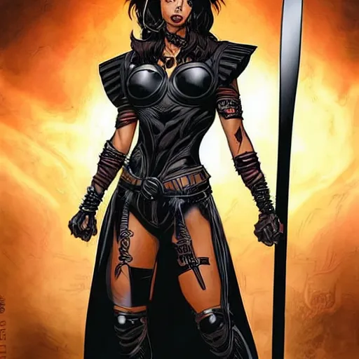 Image similar to a beautiful warrior woman with dark hair, wearing black jumpsuit covered by plates of black body armour, she is holding a long staff, detailed face, smooth, sharp focus, graphic novel, art by pepe larraz,