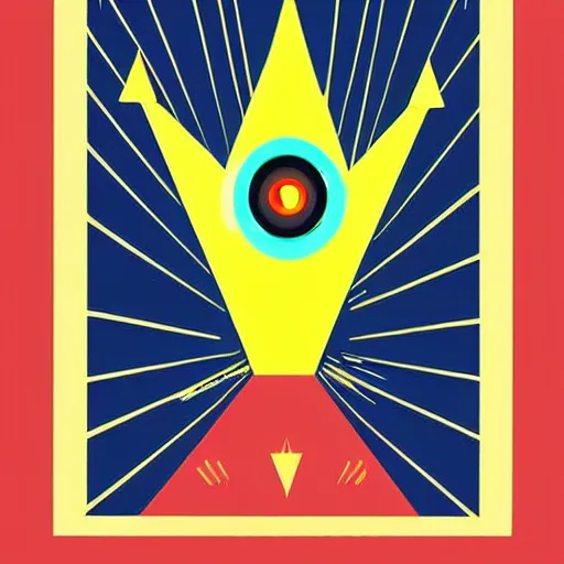 Prompt: a glowing crown sitting on a table with one beautiful eye mounted on it like a jewel, night time, vast cosmos, geometric light rays, bold black lines, flat colors, minimal psychedelic 1 9 5 0 s poster illustration