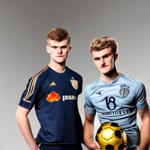 Image similar to a realistic detailed photo of a guy who is an attractive humanoid who is half robot and half humanoid, who is a male android, soccer players martin ødegaard & timo werner, shiny skin, posing like a statue, blank stare, in a living room, on display, showing off his muscles, gold soccer shorts, side view