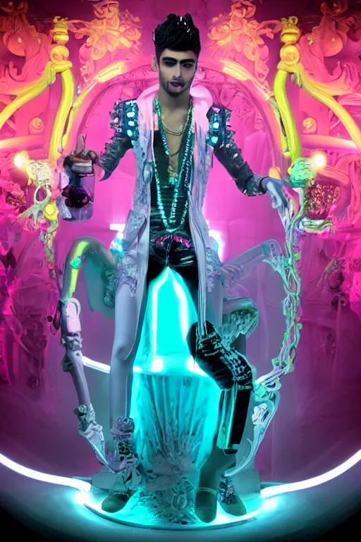 Image similar to full-body rococo and cyberpunk style neon statue of a young attractive Zayn Malik macho dotado e rico android sim roupa reclining con las piernas abertas e la piroca dura, glowing white lasers, glowing eyes, golden prince crown, black steampunk gears, pink diamonds, swirling mint-colored silk fabric. futuristic elements. black dripping tar. full-length view. space robots. human skulls. intricate artwork by caravaggio. Trending on artstation, octane render, cinematic lighting from the right, hyper realism, octane render, 8k, depth of field, 3D