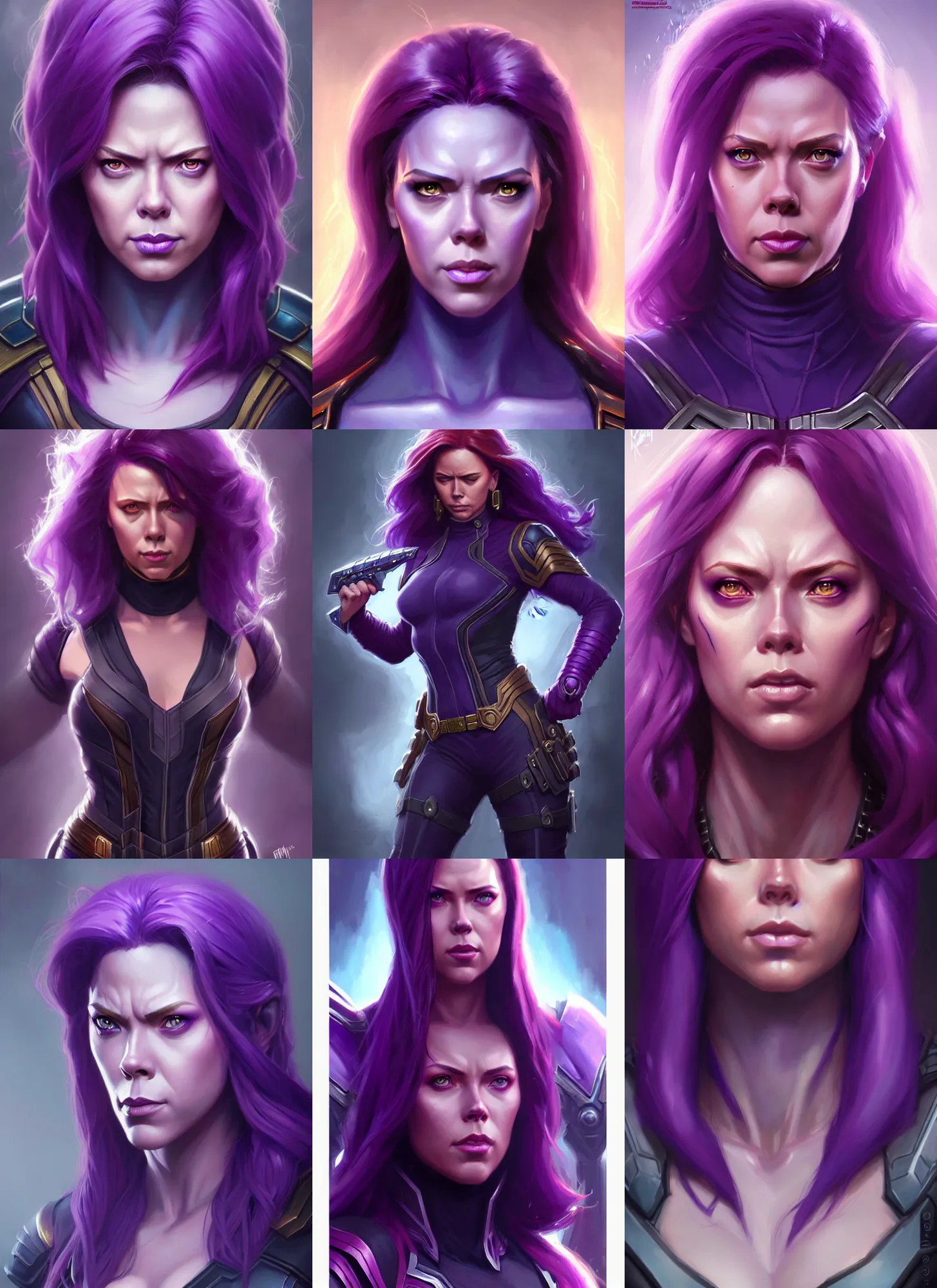 Prompt: a fantasy style portrait painting a character if natasha romanoff and thanos had a daughter, purple skin, powerful chin, thanos style traits, painting, unreal 5, daz., rpg, portrait, extremely detailed, artgerm greg rutkowski _ greg