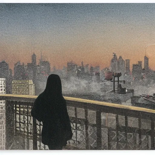 Image similar to a small rooftop with a couple of modern teenagers, standing and talking to each other, highly detailed, wearing black modern clothes, modern shanghai bund is on the background, dust, sunset, by gregory crewdson, carlos schwabe