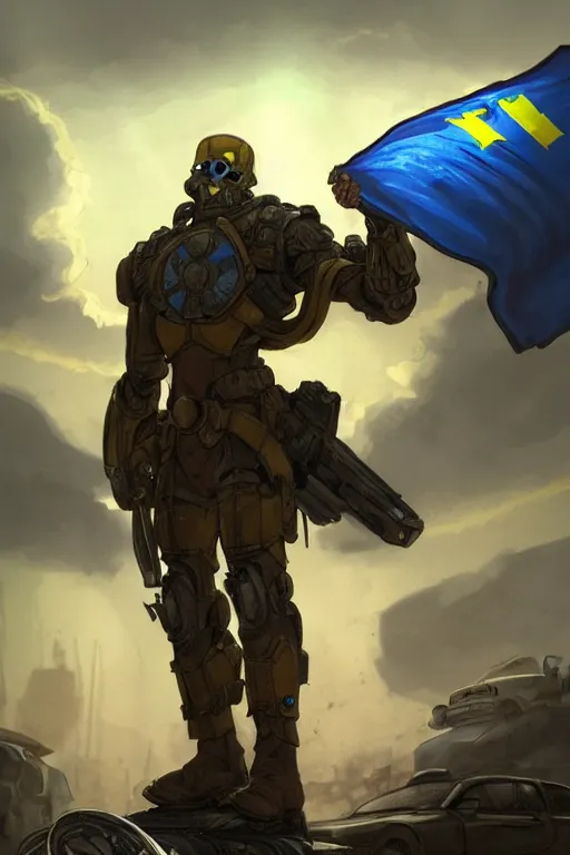 Prompt: a full body shot from distance of a super soldier with a Ukrainian yellow and blue flag standing in the beam of light from the clouds on a pile of skulls and rotten cars, western, masculine figure, D&D, fantasy, intricate, elegant, highly detailed, digital painting, artstation, concept art, matte, sharp focus, symmetrical, illustration, art by Artgerm and Greg Rutkowski and Alphonse Mucha