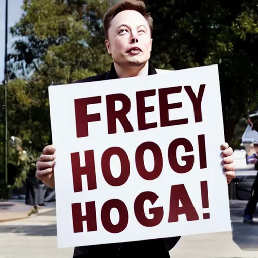 Image similar to Elon Musk holding a sign saying Free Hotdogs, highly detailed, high quality, HD, 4k, 8k, Canon 300mm, professional photographer, 40mp, lifelike, top-rated, award winning, realistic, sharp, no blur, edited, corrected, trending