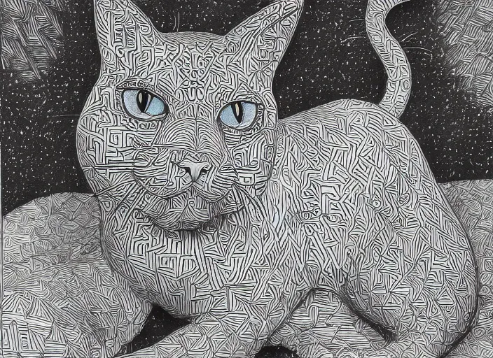 Prompt: coloring book drawing of a cat from a musical sparkly digital space opera, Animated film, volumetric lighting, octane render, directed by wes anderson, Vladimir kush, m.c Escher