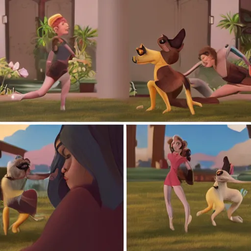 Image similar to women working, in the style of disney, comic book style, the dog is doing a ballet dance, highly detailed, 8k resolution, octane renderer