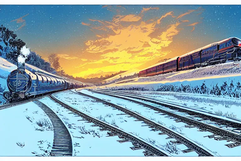 Image similar to trans - siberian express train ultrafine drawing by joe fenton and syd mead and p. craig russell and barry windsor - smith, artstation, 4 k, graphic novel, concept art, matte painting, beautiful russian winter landscape sunset background, golden hour, art nouveau, sharp