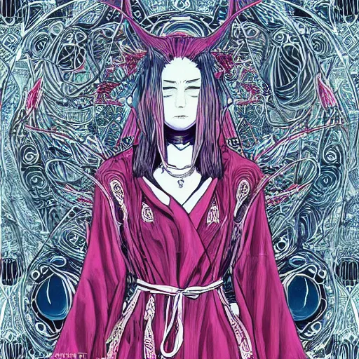 Prompt: demonic priestess wearing a robe + monochromatic, cool color palette, psychedelic, symmetrical and detailed, yoshitaka amano, hiroshi yoshida, kuvshinov ilya