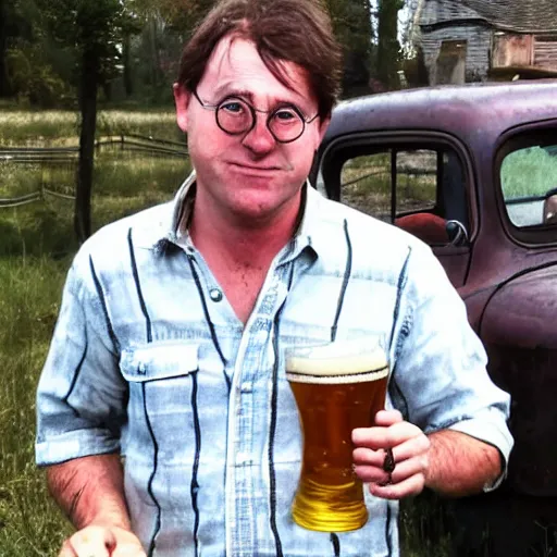 Image similar to country bumpkin harry potter drinking a beer, old pickup, beat up shirt