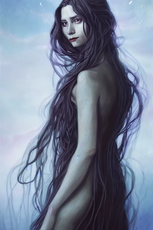 Image similar to portrait of a young female wizard in flowing sensual dress, long flowing hair, delicate, looking at camera, slightly smiling, realistic face, stylish, elegant, grimdark fantasy, extremely detailed painting inspired by Gerald Brom and Simon Stalenhag, studio lighting