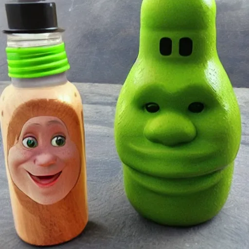 Image similar to a children's bottle inspired by shrek's design, ia bottle n the shape of shrek