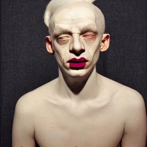 Image similar to color photo of albino weirdo philosopher man, shaved eyebrows, thin lips, jimmy durante nose, pale skin, realistic, high detail, high quality, award - winning lighting, trending on pinterest