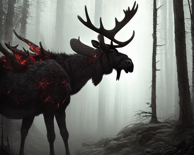 Prompt: 5 5 mm close up portrait photo of an armored demonic burning moose with red eyes and antlers and looking at the camera, in a magical forest. dark atmosphere. art by greg rutkowski and luis royo. highly detailed 8 k. intricate. lifelike. soft light. nikon d 8 5 0.