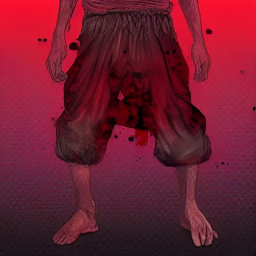 Image similar to detailed half body digital art for a game of a person wearing ragged and ruined clothes merged with mushrooms. the background is pure red. dramatic camera angle