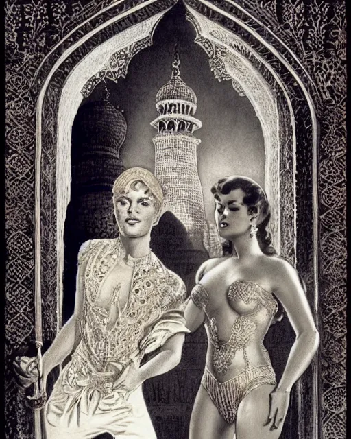 Prompt: tuesday weld visits the taj mahal by virgil finlay and gil elvgren