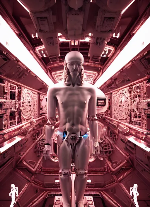 Image similar to , high detailed space station interior, a statue jesus on cross made of red marble, perfect symmetrical body, full body shot, inflateble shapes, wires, tubes, veins, white biomechanical, wearing epic bionic cyborg implants, masterpiece, intricate, biopunk, vogue, highly detailed, artstation, concept art, cyberpunk, octane render