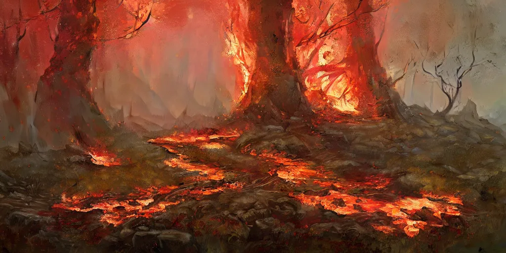 Prompt: A flaming forest , flaming leaves,fire ,Magma,Red stones are scattered, ferns, fire shrubs, huge fire Fantasy plant,covered in porcelain vine, artstation,by Jakub Rozalski