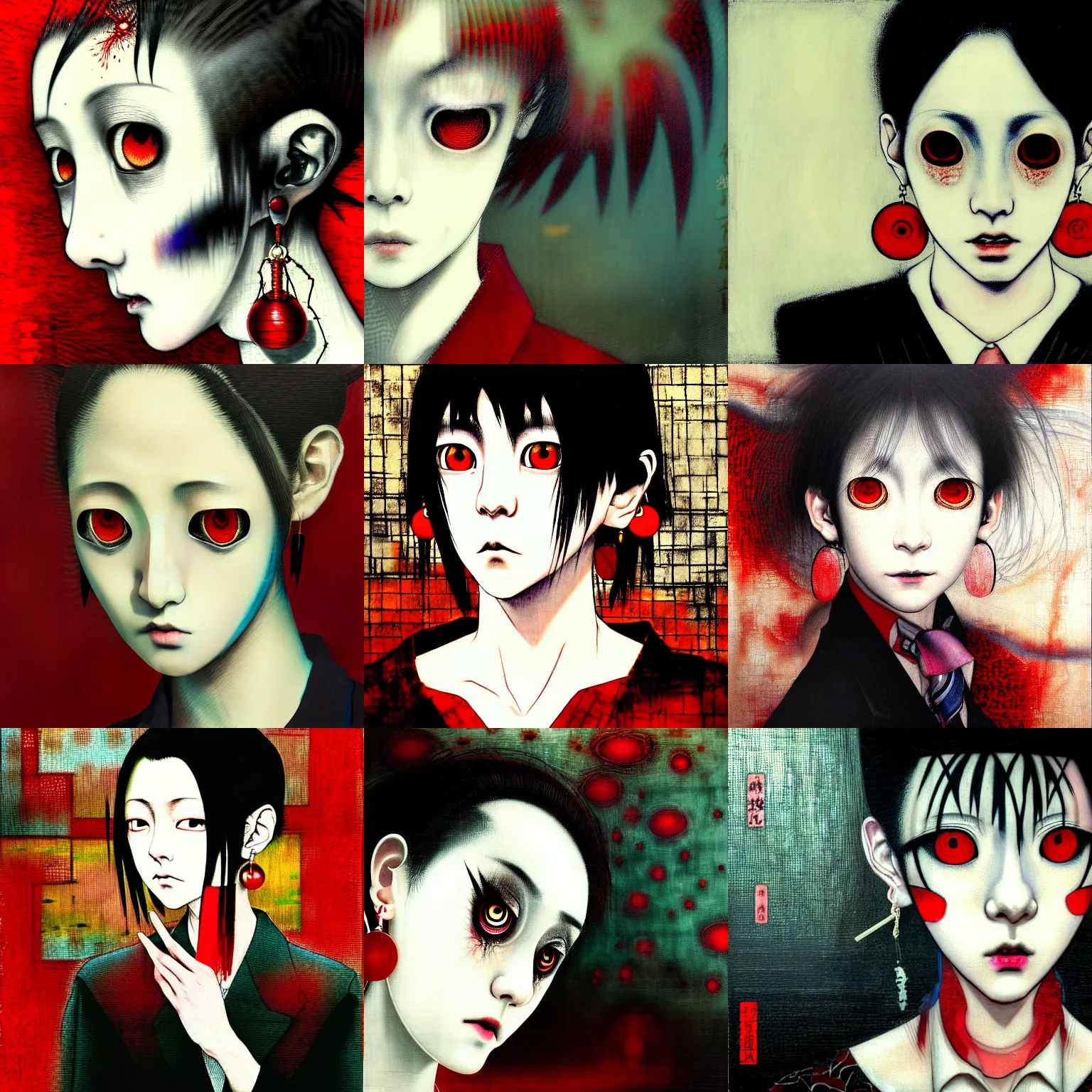 Image similar to yoshitaka amano blurred and dreamy realistic three quarter angle horror portrait of a sinister young woman with short hair, big earrings and red eyes wearing office suit with tie, junji ito abstract patterns in the background, satoshi kon anime, noisy film grain effect, highly detailed, renaissance oil painting, weird portrait angle, blurred lost edges