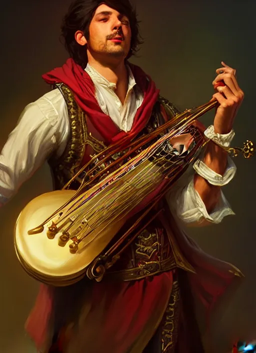 Prompt: a _ fantasy _ style _ portrait _ painting _ of charismatic bard playing instrument, rpg dnd oil _ painting _ unreal _ 5 _ daz. _ rpg _ portrait _ extremely _ detailed _ artgerm _ greg _ rutkowski _ greg