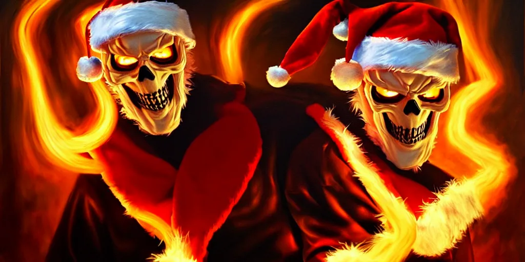 Image similar to ghost rider santa claus have time traveled to warn you from something, dramatic lighting, oil painting