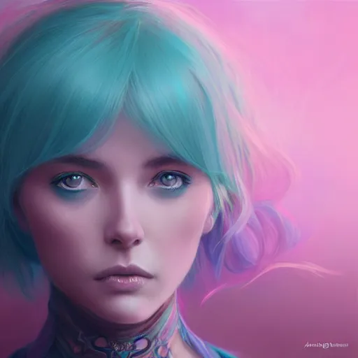 Prompt: teal haired mage bust portrait, female, glacier landscape, norway, d & d, fantasy, intricate, elegant, highly detailed, digital painting, pink and teal color palette, artstation, octane render, concept art, matte, sharp focus, illustration, herrarthstone, art by artgerm and greg rutkowski and alphonse mucha