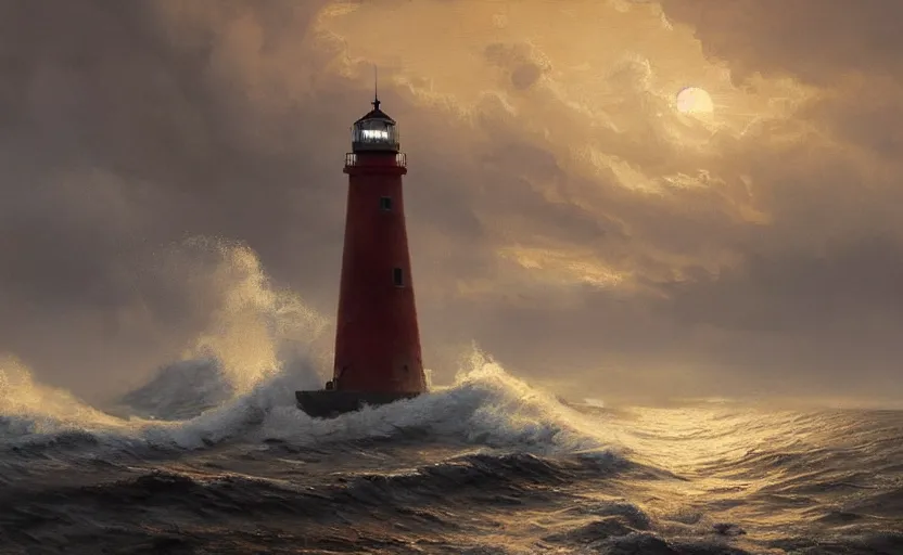 Image similar to painting of a sailing ship in a horrible stormwith big waves, lighthouse at sunset, natural light, concept art, by greg rutkowski, cozy atmospheric and cinematic lighting