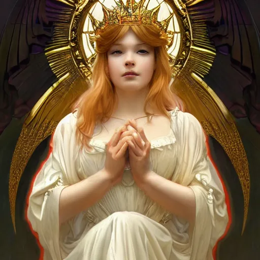 Image similar to Sitting angel girl that holding crown in hands, highly detailed, digital painting, artstation, concept art, smooth, sharp focus, illustration, ArtStation, Daz Studio, art by artgerm and greg rutkowski and alphonse mucha and J. C. Leyendecker and Edmund Blair Leighton and Katsuhiro Otomo and Geof Darrow and Phil hale and Ashley wood and Ilya repin and Charlie Bowate