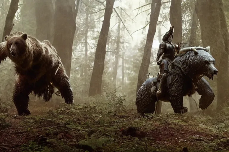 Image similar to vfx movie closeup detailed ancient armored warrior orc hunting riding large bear in the forest, natural lighting by emmanuel lubezki