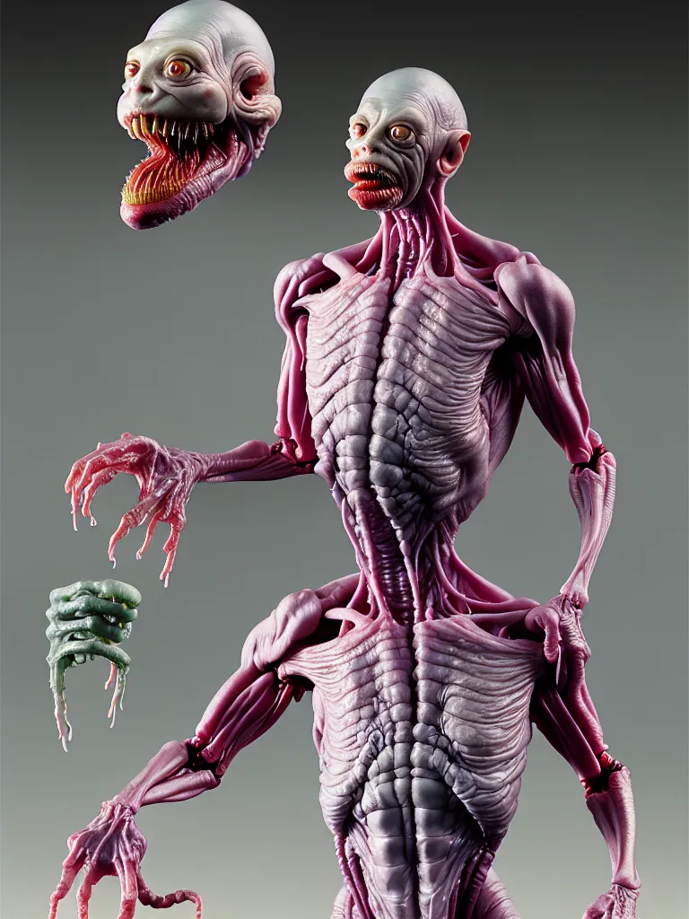 Image similar to hyperrealistic rendering, fat smooth cronenberg flesh monster transparent grey alien by donato giancola and greg rutkowski and wayne barlow and zdzisław beksinski, product photography, action figure, sofubi, studio lighting, colored gels