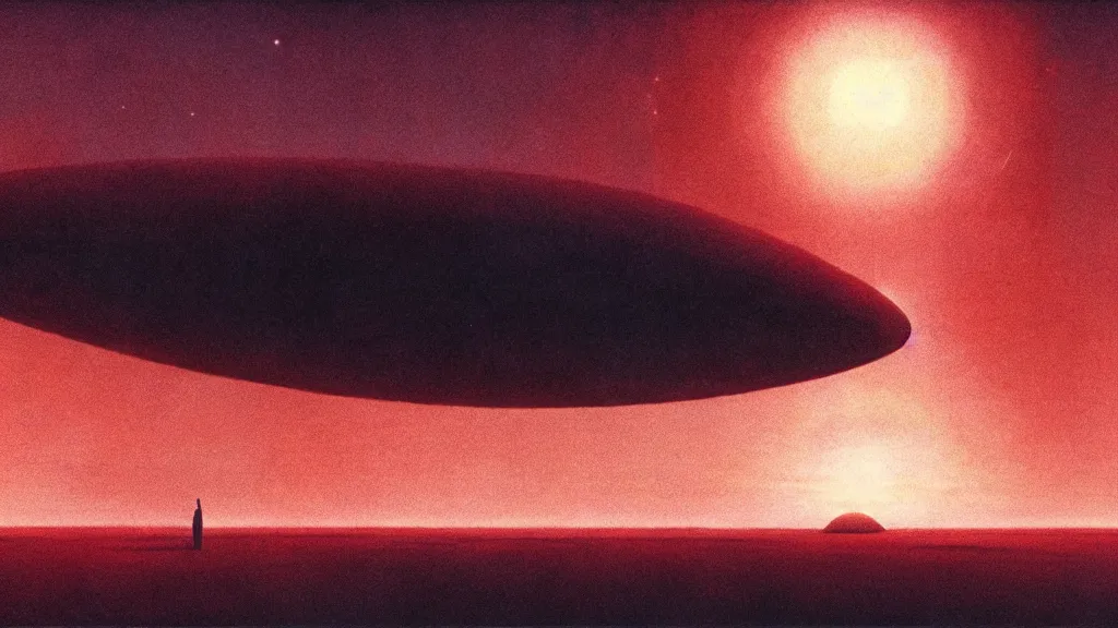 Image similar to movie still of a mysterious spaceship on a distant planet, directed by Denis Villeneuve, with art direction by Zdzisław Beksiński, wide lens