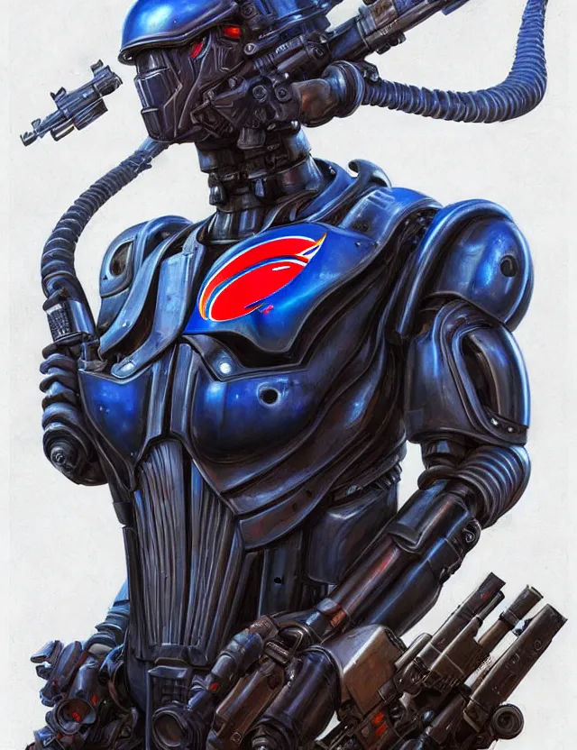 Image similar to a portrait of a tactical exoskeleton with miniguns painted with the pepsi logo, by moebius and tyler edlin and hr giger, trending on artstation, digital art, 4 k resolution, detailed, high quality, sharp focus, hq artwork, coherent, insane detail, concept art