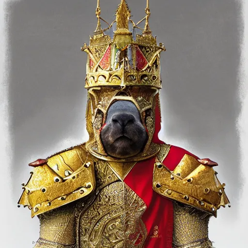 Image similar to detailed photorealistic of a capybara wearing a highly detailed ornamented gold crown with diamonds, in a medieval knight armor with red cape, standing in front of a highly detailed castle, sharp focus in the style of ruan jia, Mandy jurgens, cinematic light, concept art, trending on artstation, ultra realistic