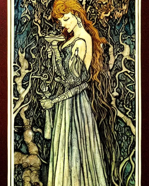 Image similar to tarot card detailed painting, illustration, tarot card framing with roman numbers, in style of Arthur Rackham