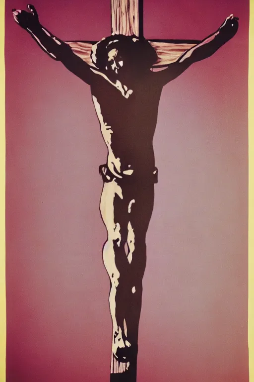 Prompt: jesus christ crucified and ufos in the background painted by andy warhol