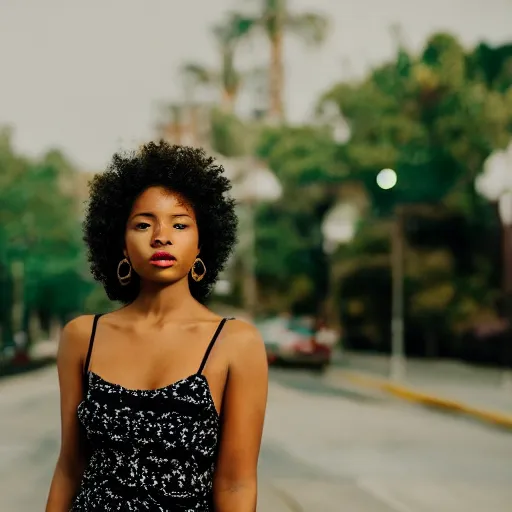 Image similar to portrait photograph of an elegant black woman wearing a sundress in Santa Monica. super resolution. 85 mm f1.8 lens.bokeh.graflex. Alessio albi