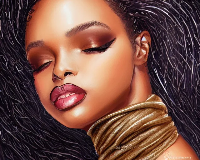 Image similar to A tall black skinned woman wearing a scarf with large lips and smooth eyebrows and curly hair, complimentary eyeliner, light blush and metallic eyeshadow, HD, illustration, epic, fantasy, intricate, elegant, amazing detail, digital painting, artstation, concept art, smooth, sharp focus, illustration, art by Turine Tran