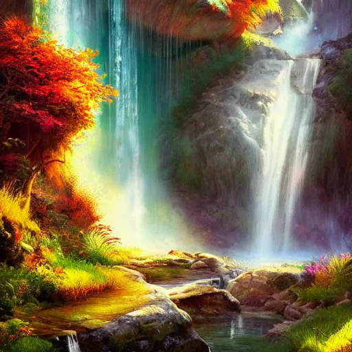 Image similar to landscape with waterfalls and stunning light and cheerful colors, epic composition, cinematic lighting, masterpiece, trending on artstation, very very detailed, masterpiece, stunning