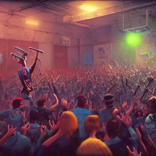 Image similar to 4 punks in school uniform with mohawks stand on stage with guitars and drums and microphones and yell day, foreground fight of ravers and punks, by marc simonetti, tyler edlin, deviantart, ray tracing, octane render, digital art, realistic, high quality, 8 k