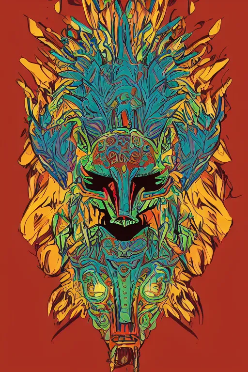 Image similar to animal mask totem roots flower tribal feather gemstone plant wood rock shaman vodoo video game vector cutout illustration vivid multicolor borderlands comics by josan gonzales and dan mumford radiating a glowing aura