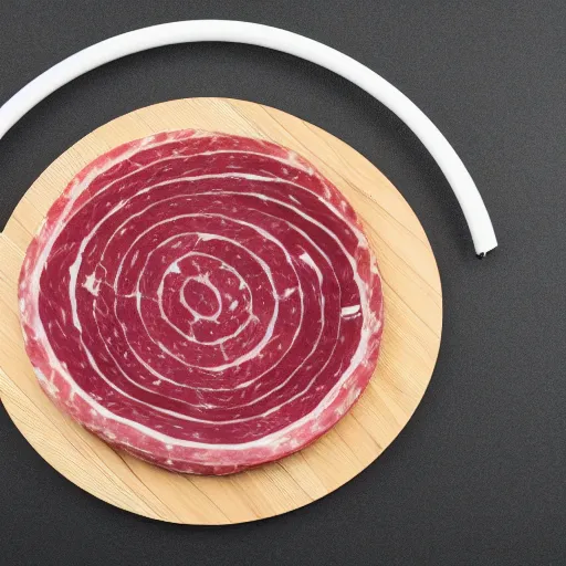 Prompt: a round bench made from salami, studio photography, white background, 5 0 mm