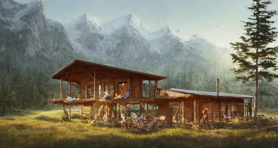 Image similar to cabela's beautiful comfortable modular pop - up insulated all terrain family dwelling, cabin,, person in foreground, mountainous forested wilderness open fields, beautiful views, painterly concept art, joanna gaines, environmental concept art, farmhouse, magnolia, concept art illustration, by james gurney, by craig mullins, by greg rutkowski trending on artstation