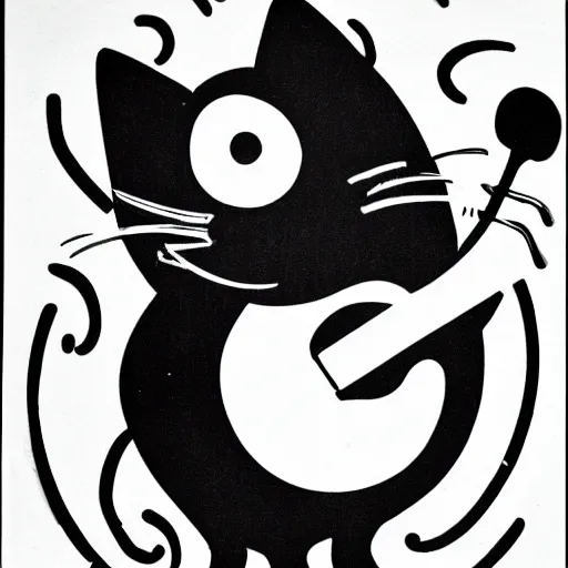 Image similar to cat playing guitar, rubber hose, felix the cat, pie eyes, 1 9 3 0 s, bw