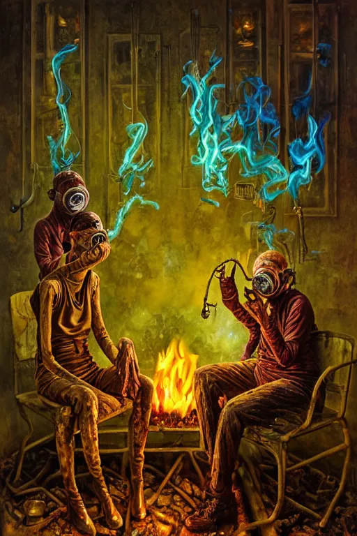 Prompt: two frail, skinny old people draped in fleshy gold, green and pink, wearing gas masks connected to their hearts, inside an dystopian, abandoned hospital room, they sit next to a fireplace with swirling blue flames, karol bak, greg hildebrandt, mark brooks, hauntingly surreal, highly detailed painting part by james jean, jenny saville, soft light 4 k